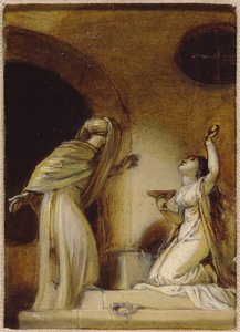 Polvistuva naishahmo kupin kanssa, kuvitus itämaiseen romanssiin, mahdollisesti "The Arabian Nights" (öljy paperille aluksella)